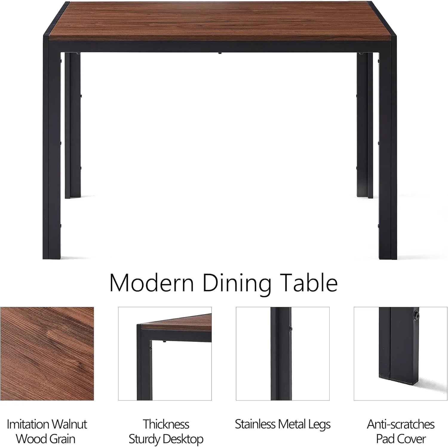47" Dining Table, 4-Person Indoor Walnut Wood Grain Effect Table with Metal Legs, Rectangular Kitchen Table for Dining Room, Kitchen, Home Office, and Small Spaces