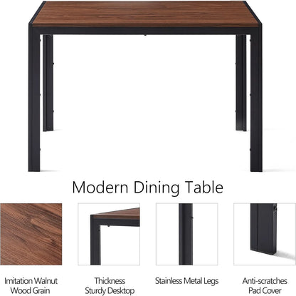 47" Dining Table, 4-Person Indoor Walnut Wood Grain Effect Table with Metal Legs, Rectangular Kitchen Table for Dining Room, Kitchen, Home Office, and Small Spaces