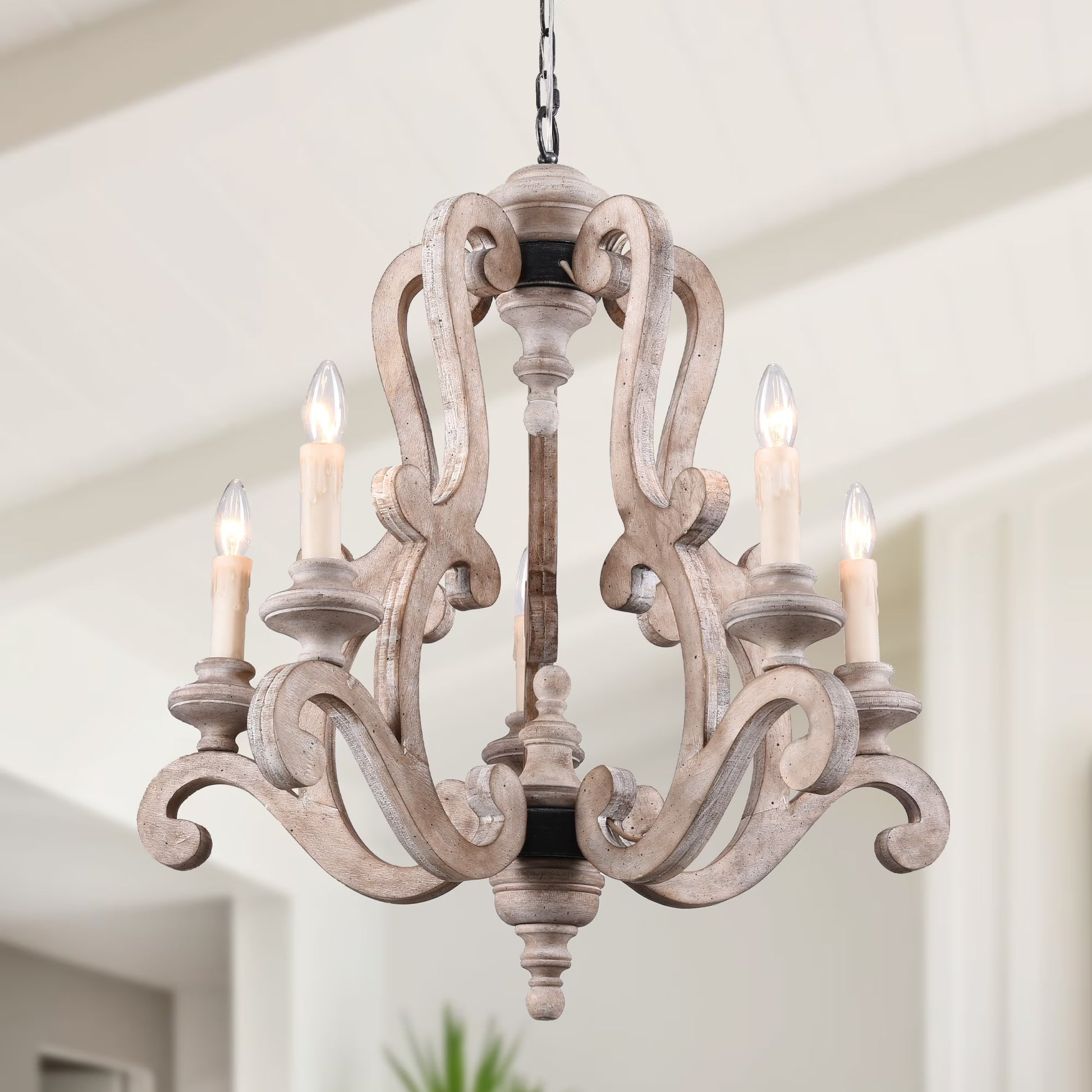 Oaks Aura French Country 5-Light Wood Rustic Pendant Ceiling Light ,Farmhouse Shabby Chic Candle Chandelier Weathered Wood Weathered, Antiqued 13 to