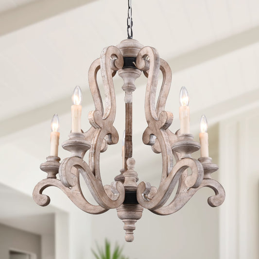 Oaks Aura French Country 5-Light Wood Rustic Pendant Ceiling Light ,Farmhouse Shabby Chic Candle Chandelier Weathered Wood Weathered, Antiqued 13 to