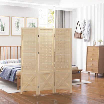 HOMCOM 4.7' 3 Panel Room Divider with Pegboard Display for Indoor, Natural