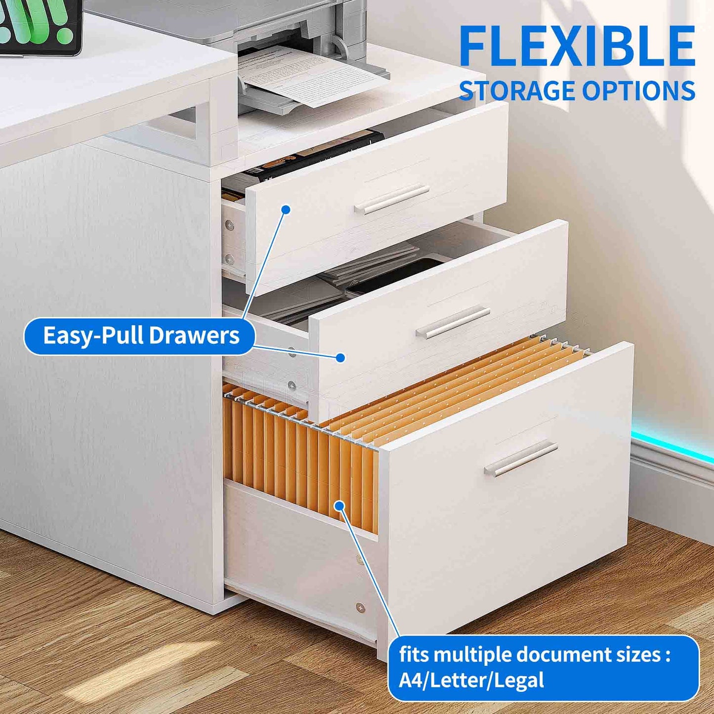 Dextrus 65" L Shaped Desk with Power Outlets and Monitor Stand , Computer Desk with LED Light &File Cabinet, Corner Desk with 3 Drawers & 4 Open Storage Shelves, Modern Home Office Desk, White