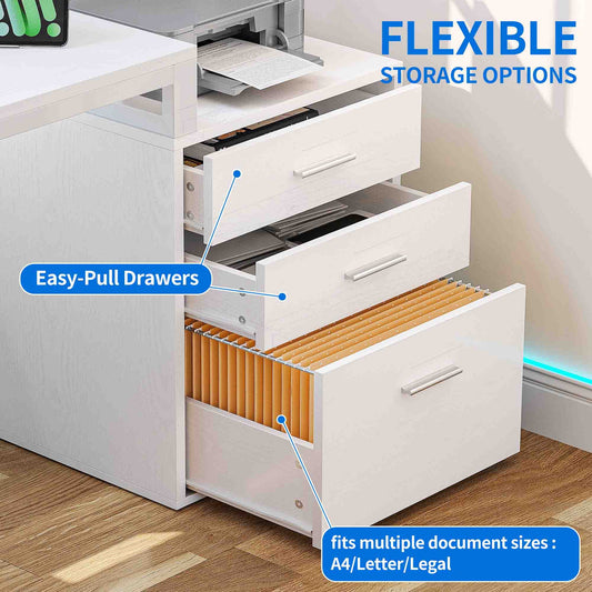Dextrus 65" L Shaped Desk with Power Outlets and Monitor Stand , Computer Desk with LED Light &File Cabinet, Corner Desk with 3 Drawers & 4 Open Storage Shelves, Modern Home Office Desk, White