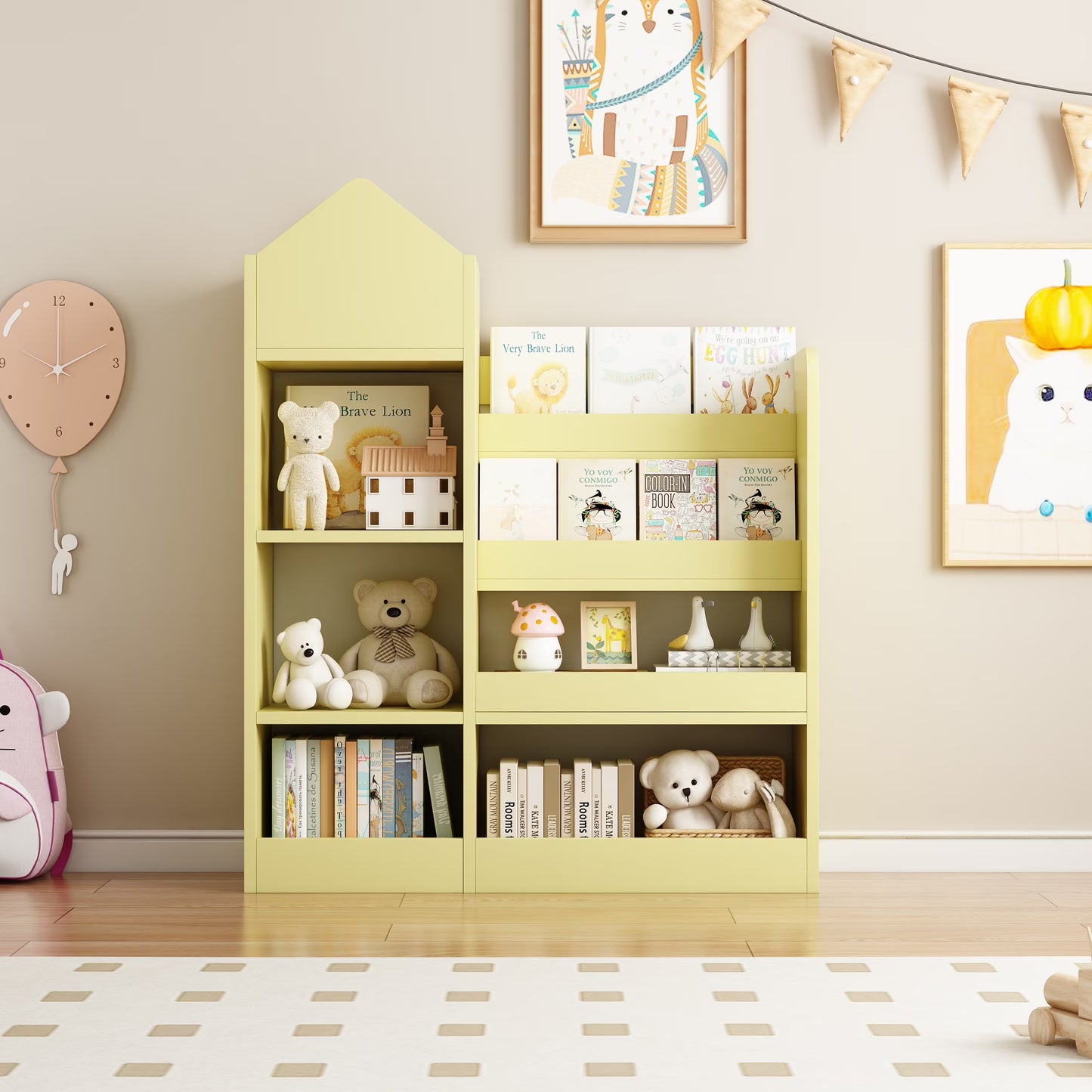 PORKISS Bookshelf for Kids, Wood Kids Bookcase with Toy Storage Organizer, Freestanding Book Shelf with 6 Compartments and 2 Baskets Bins for Kids Bedroom, Nursery, Playroom, Natural