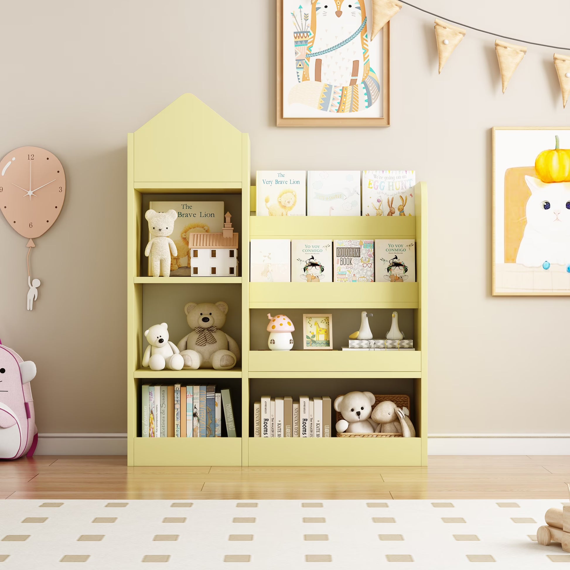 PORKISS Bookshelf for Kids, Wood Kids Bookcase with Toy Storage Organizer, Freestanding Book Shelf with 6 Compartments and 2 Baskets Bins for Kids Bedroom, Nursery, Playroom, Natural
