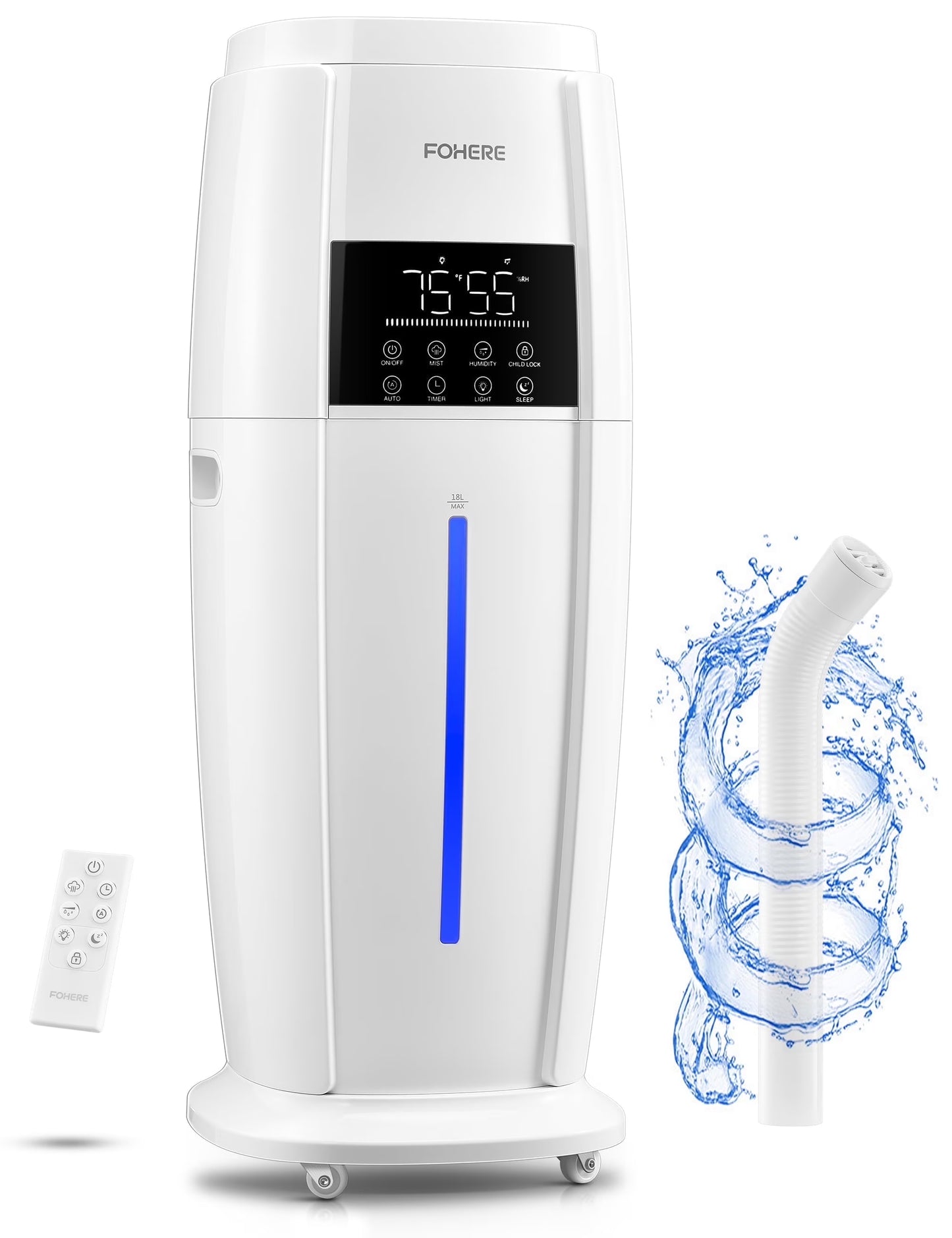 FOHERE 4.8Gal/18L Humidifier Large Room, Easy Top Fill Cool Mist Tower Humidifiers Quiet for Home, Plants, Commercial, Whole House Cover up to 1500ft2, with Smart Sensor, Remote, 5 Speeds, White