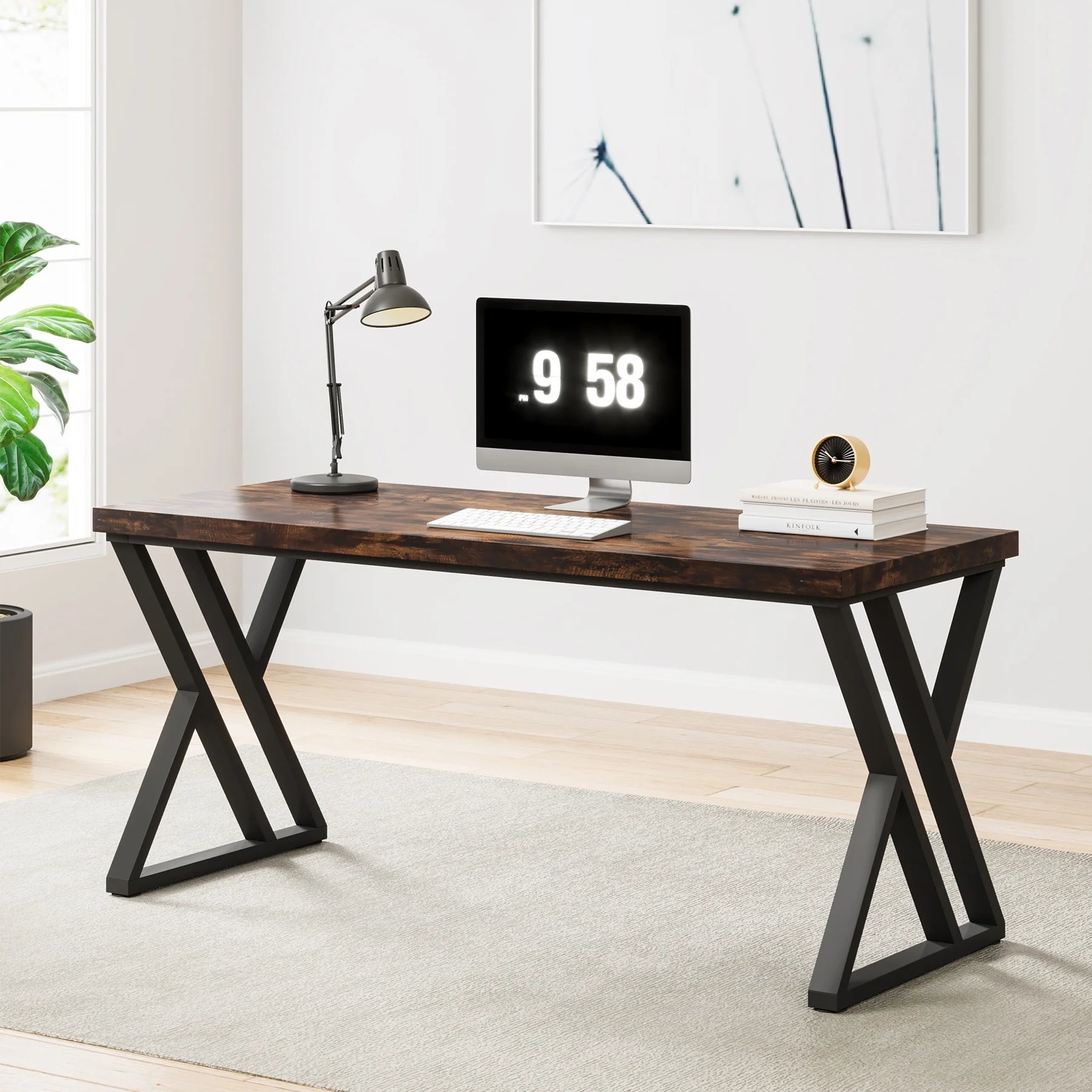 Heavy Duty Study Desk with Z-Shaped Metal Leg, Modern Simple Home Office Computer Desk, Rustic Brown