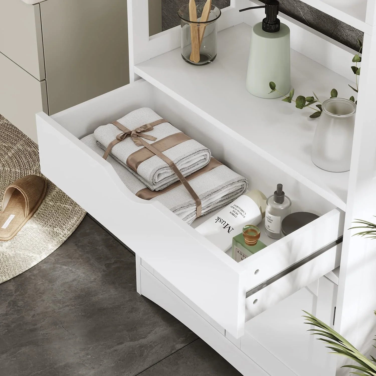Sideboard Storage Cabinet with Drawer& Shelves, Kitchen Pantry Storage Cabinet with Microwave Space& Cupboard, Modern Freestanding Floor Bathroom Cabinet/Bookshelf for Home Office, White