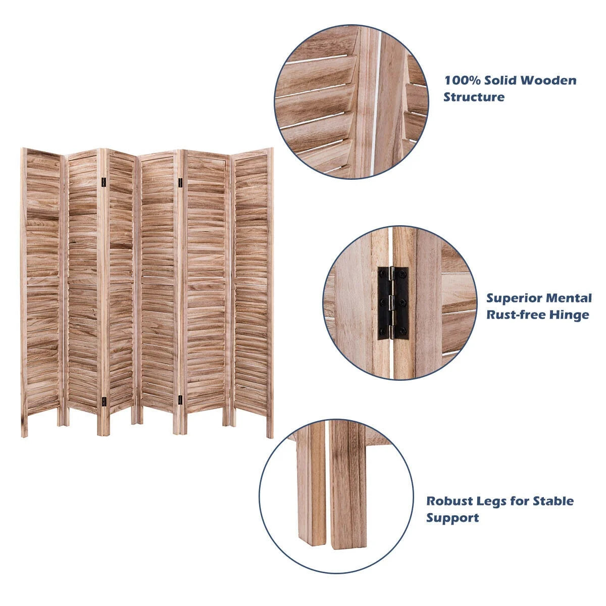 Costway 67'' High 6 Panel Room Divider Furniture Classic Venetian Wooden Slat Home Brown