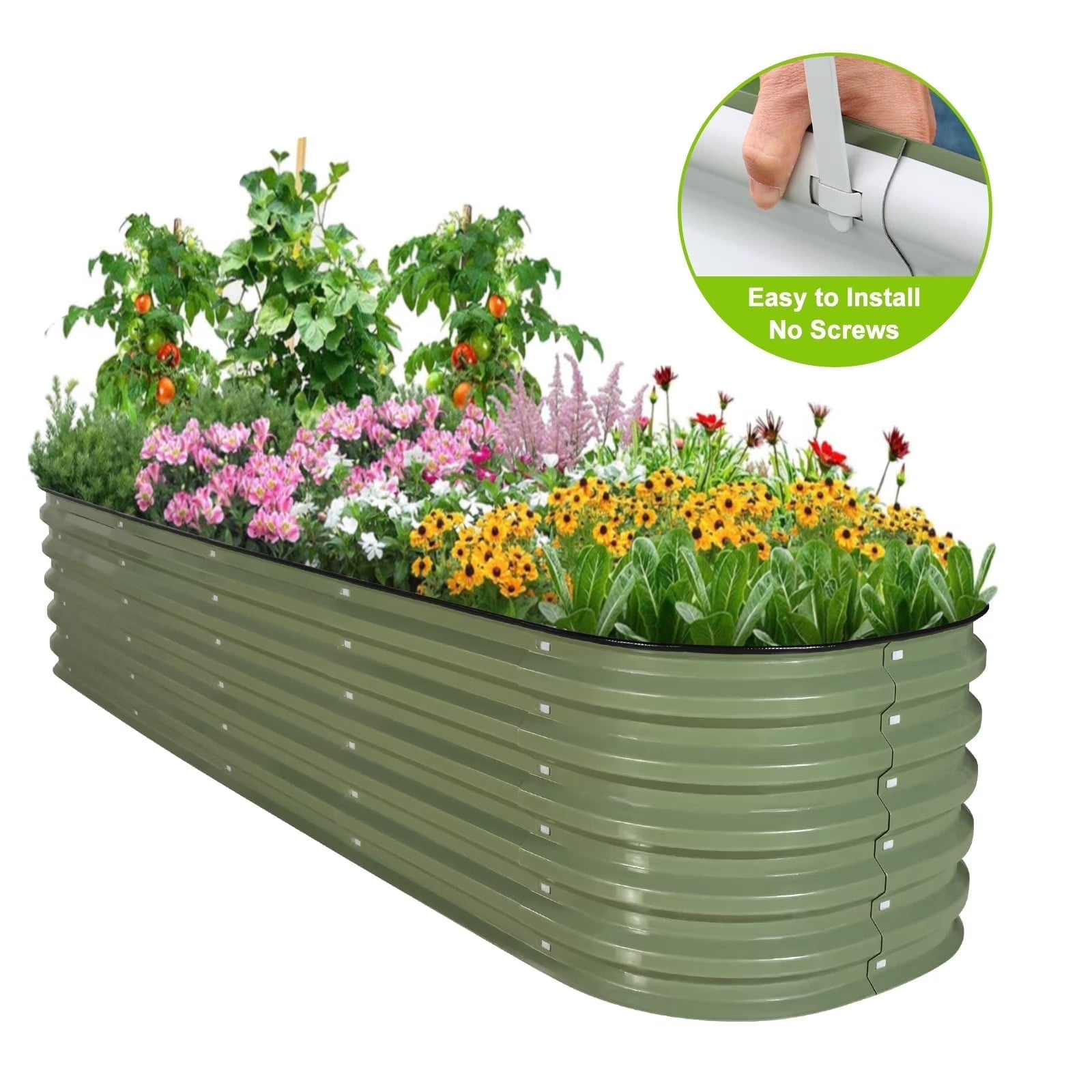 HOOFUN 17" Tall Metal Raised Garden Bed, 9 in 1 Garden Raised 8ftX2ft Garden Bed Kits for Vegetables Flowers, Oval Outdoor Planter Box w/6 Support Bars - Olive Green