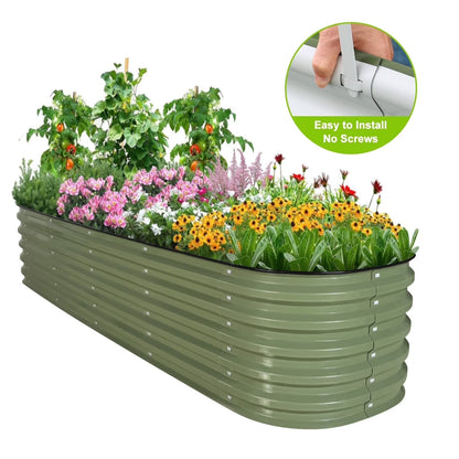 HOOFUN 17" Tall Metal Raised Garden Bed, 9 in 1 Garden Raised 8ftX2ft Garden Bed Kits for Vegetables Flowers, Oval Outdoor Planter Box w/6 Support Bars - Olive Green