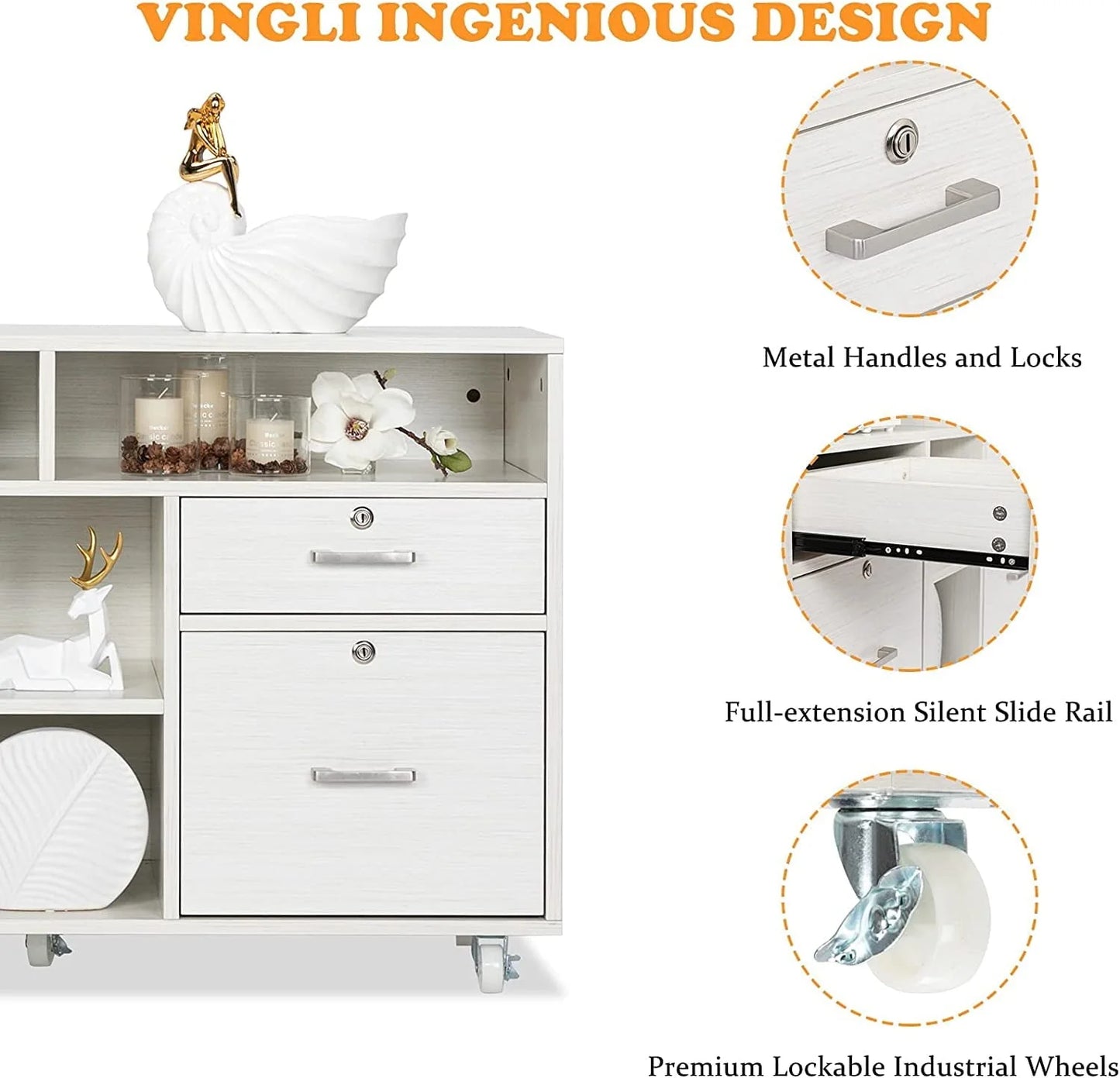 VINGLI Rolling 4-Drawer File Cabinet with Lock and Shelves, Wood Lateral Filling Printer Stand for Home Office, Cream White