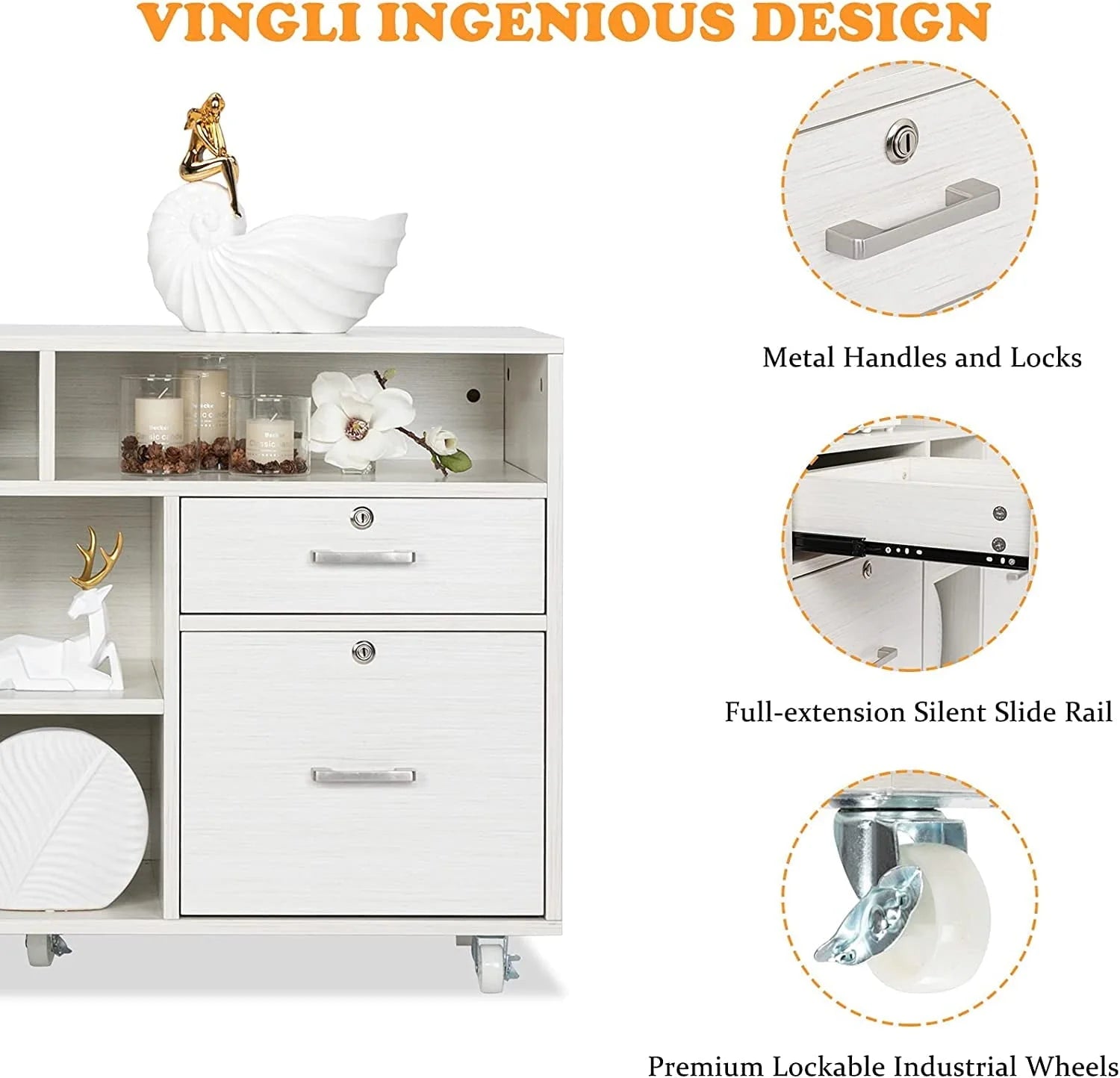 VINGLI Rolling 4-Drawer File Cabinet with Lock and Shelves, Wood Lateral Filling Printer Stand for Home Office, Cream White