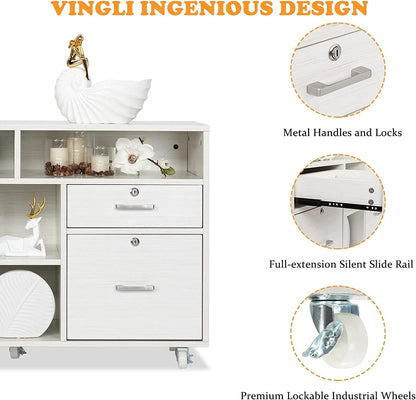 VINGLI Rolling 4-Drawer File Cabinet with Lock and Shelves, Wood Lateral Filling Printer Stand for Home Office, Cream White