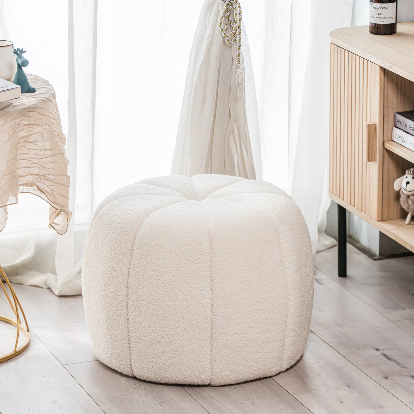 White Boucle with Stripes Pouf Vintage Style Living Room