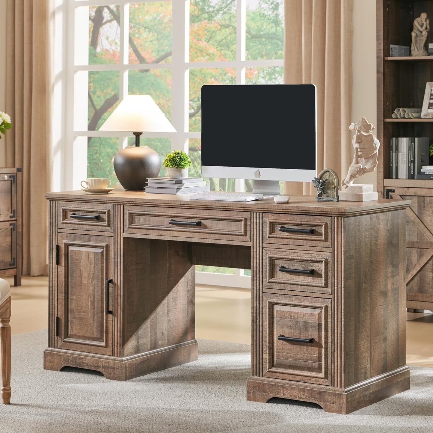 T4TREAM Farmhouse Wood 58" Executive Desk, Home Office 30" High Computer Desk with Drawers and Storage Cabinet, White