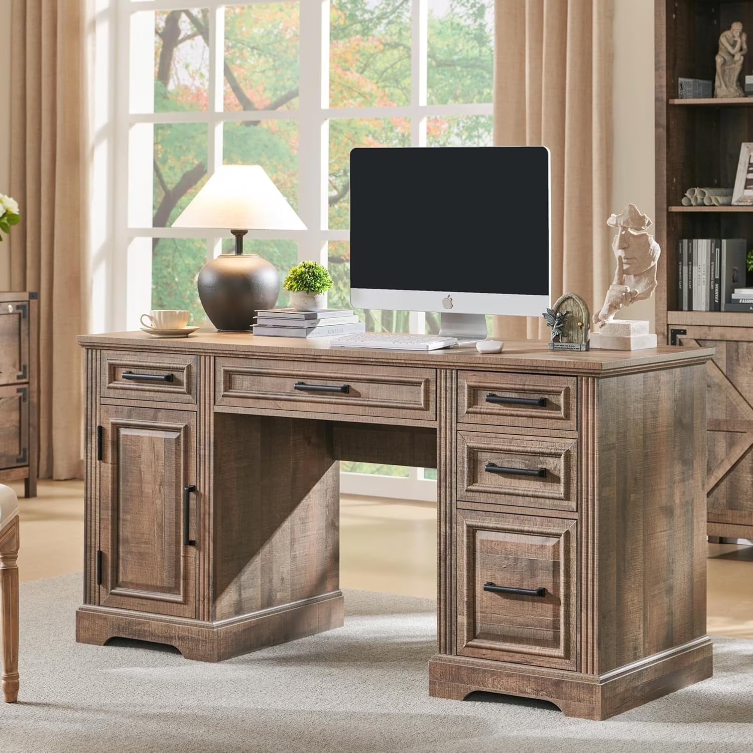 T4TREAM Farmhouse Wood 58" Executive Desk, Home Office 30" High Computer Desk with Drawers and Storage Cabinet, White