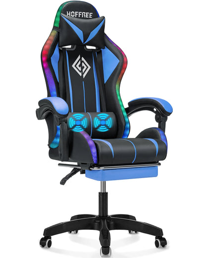 Hoffree Gaming Chair with Massage PU Leather Office Chair with Footrest and LED Light Ergonomic Gamer Chair Lumbar Support Adjustable Headrest High Back Computer Desk Chair for Home Office