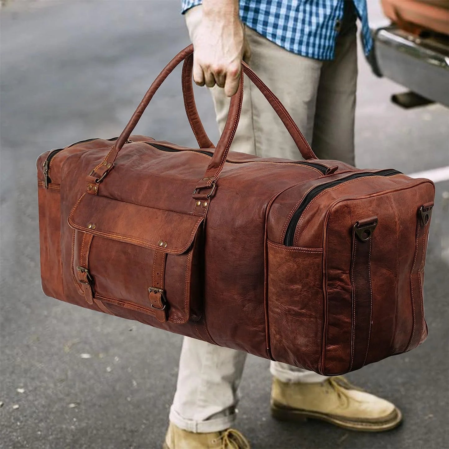 Leather Duffel Weekender Bags Inner Canvas Bag Overnight Travel Carry On Tote Bag Satchel with Adjustable Luggage Strap Sleeve for men & women