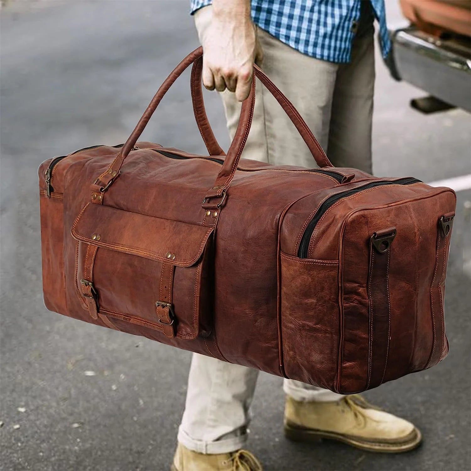 Leather Duffel Weekender Bags Inner Canvas Bag Overnight Travel Carry On Tote Bag Satchel with Adjustable Luggage Strap Sleeve for men & women