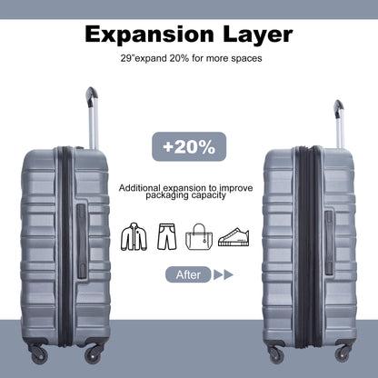 3 Piece Luggage Sets, PC Lightweight Durable Expandable Suitcase with 2 Hooks and TSA Lock, Suitcases with Wheels,21in 25in 29in,Gray