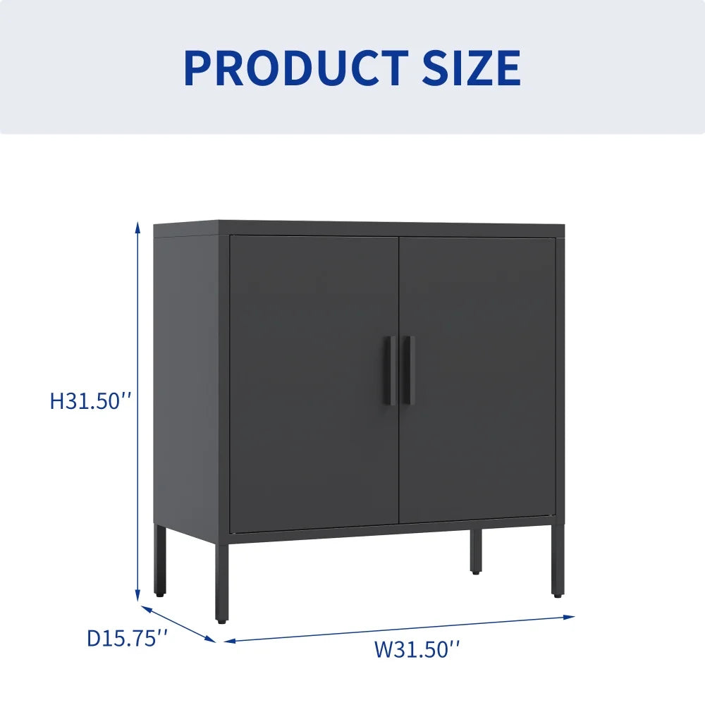 31.5" Metal Storage Cabinet with 2 Doors and 2 Adjustable Shelves, Garage Storage Cabinet with Metal Handles, Metal File Cabinet for Home Office School Gym, Black