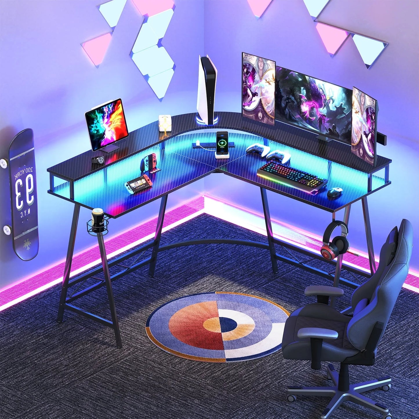 Huuger L Shaped Gaming Desk with LED Lights & Power Outlets, Computer Desk with Monitor Shelves, Home Office Desk Corner Desk with Cup Holder & Hook, Carbon Fiber Black
