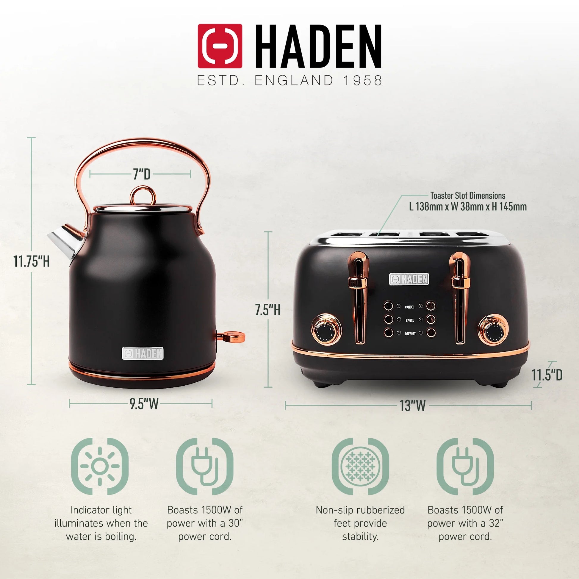 Haden Heritage 1500 1.7 Electric Kettle, Matte Black Finish with Copper Accents