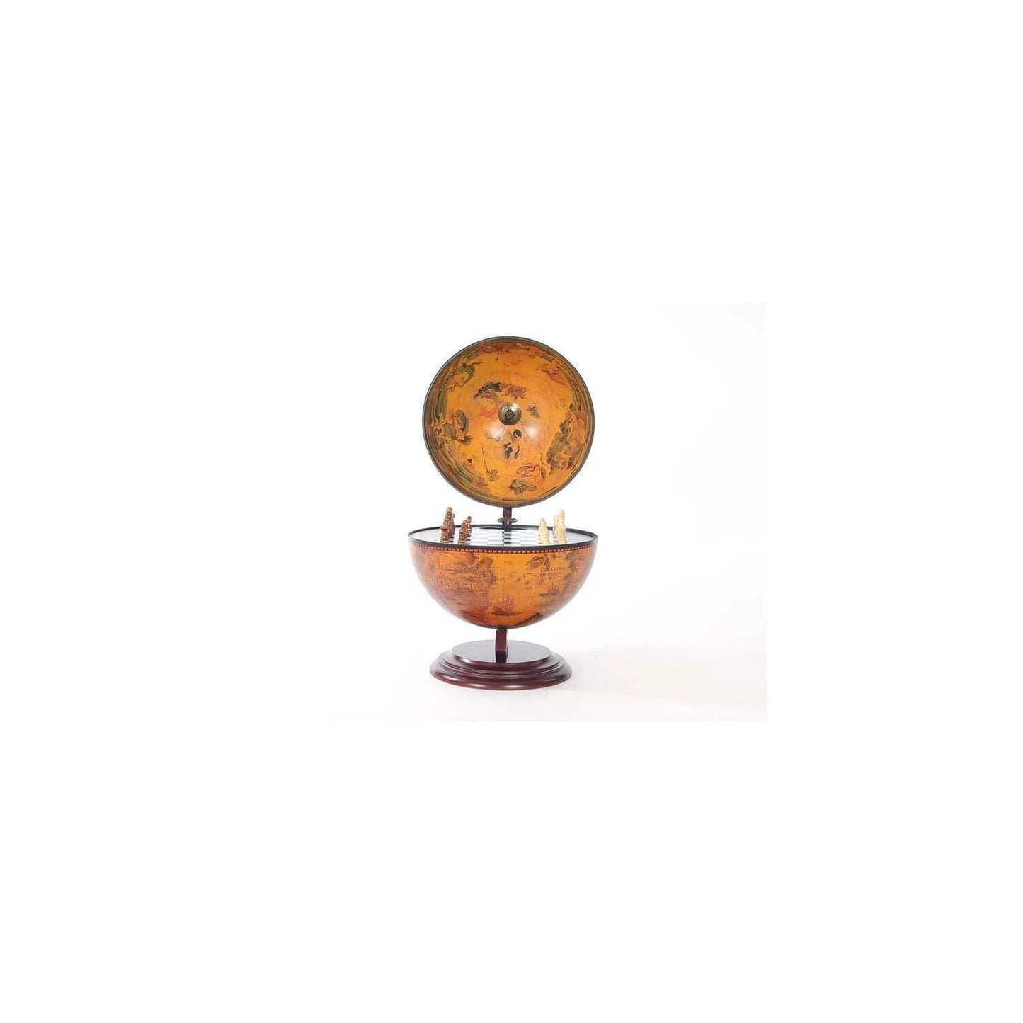 Red Globe with Chess Set - Antique World Map & Fresco Decor - 15"L x 13"W x 19"H