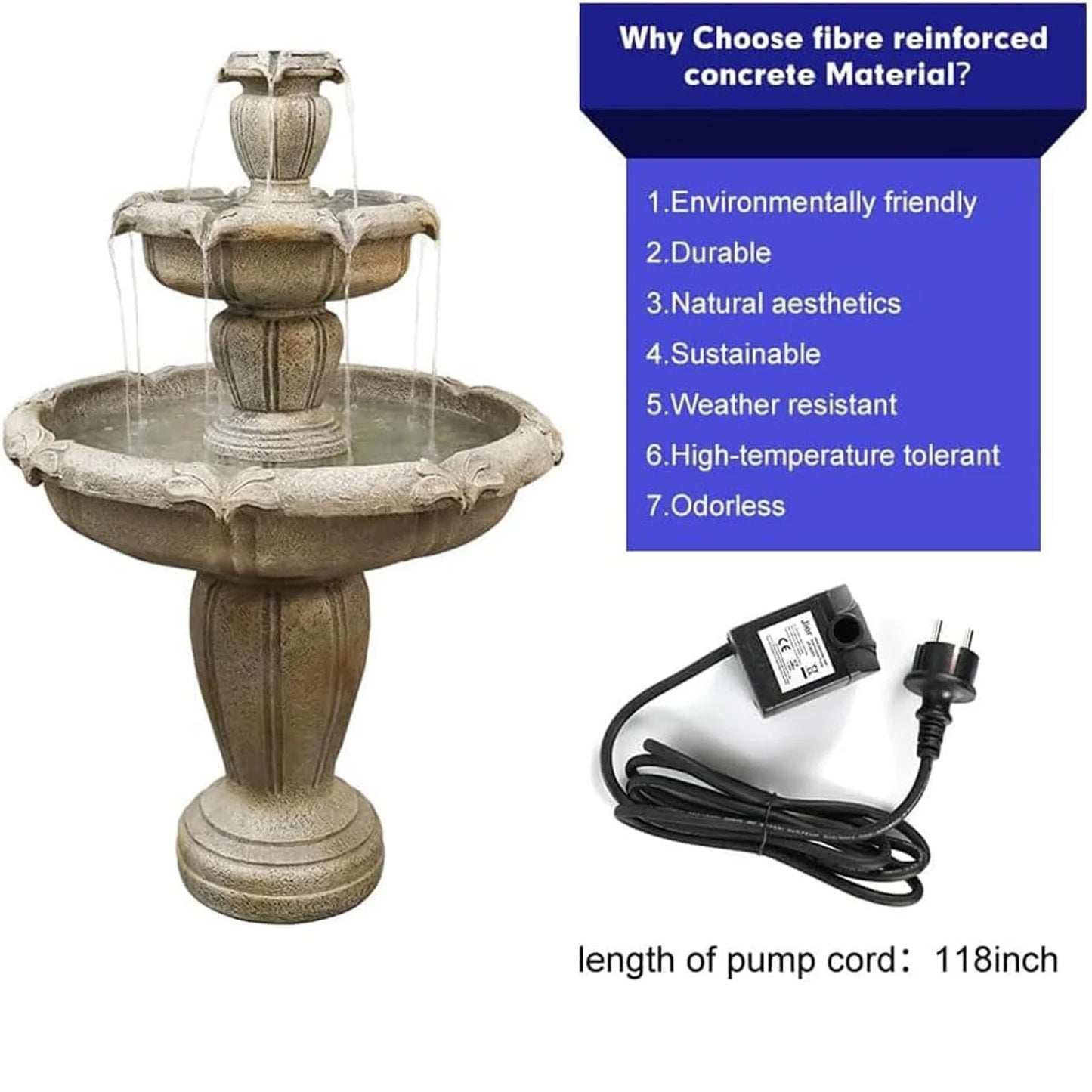 48°?H Outdoor Floor Water Fountain, 3-Tiers Concrete Water Fountain with Submersible Electric Pump - Garden Cascading Waterfall for Yard Patio Lawn Home Decor