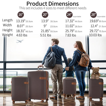 Luggage Sets,4-Piece Lightweight Suitcase Set with 4 Packing Cubes and TSA Lock, Hardshell Suitcases with Spinner Wheels, (16/20/24/28 ),Brown