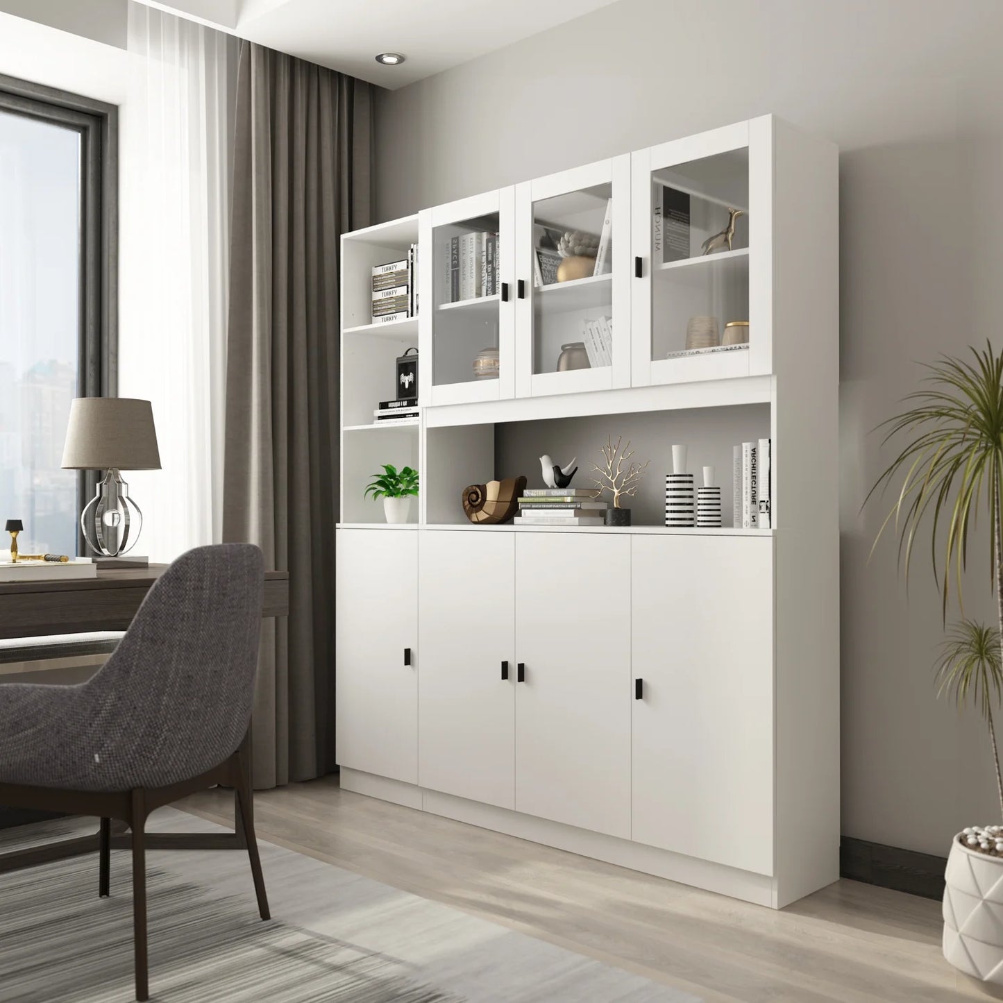 Modern Versatile Storage Cabinet Set, White 5-Door Bookcase Display Storage Organizer for Home Office Bedroom Living Room, 62.9"x12.2"x70.9"