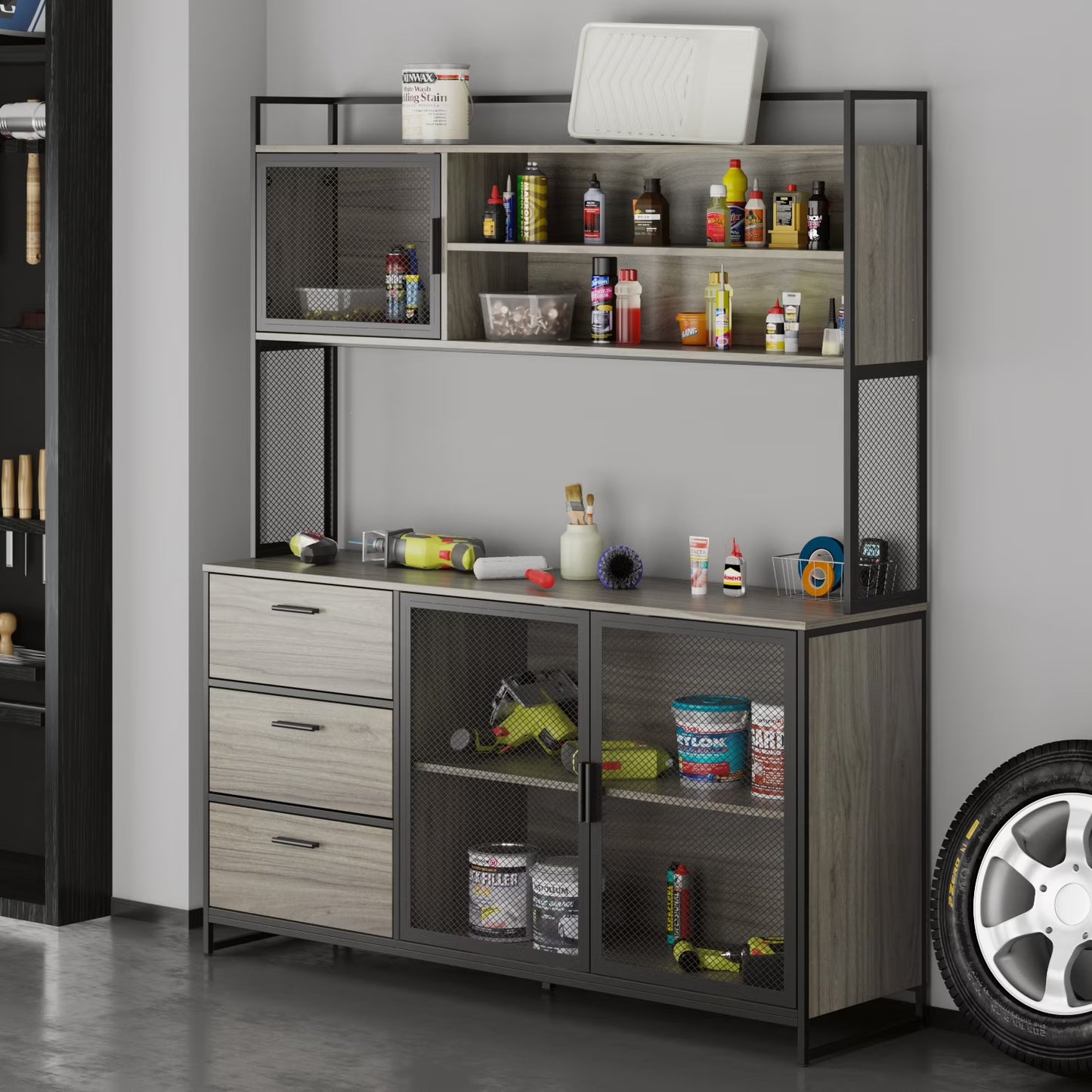 WIAWG Garage Cabinet with 3 Drawers and Metal Mesh Door, Industrial Mutifunctional Tool Storage Cabinet for Warehouse, Basement, Home Office (Walnut)
