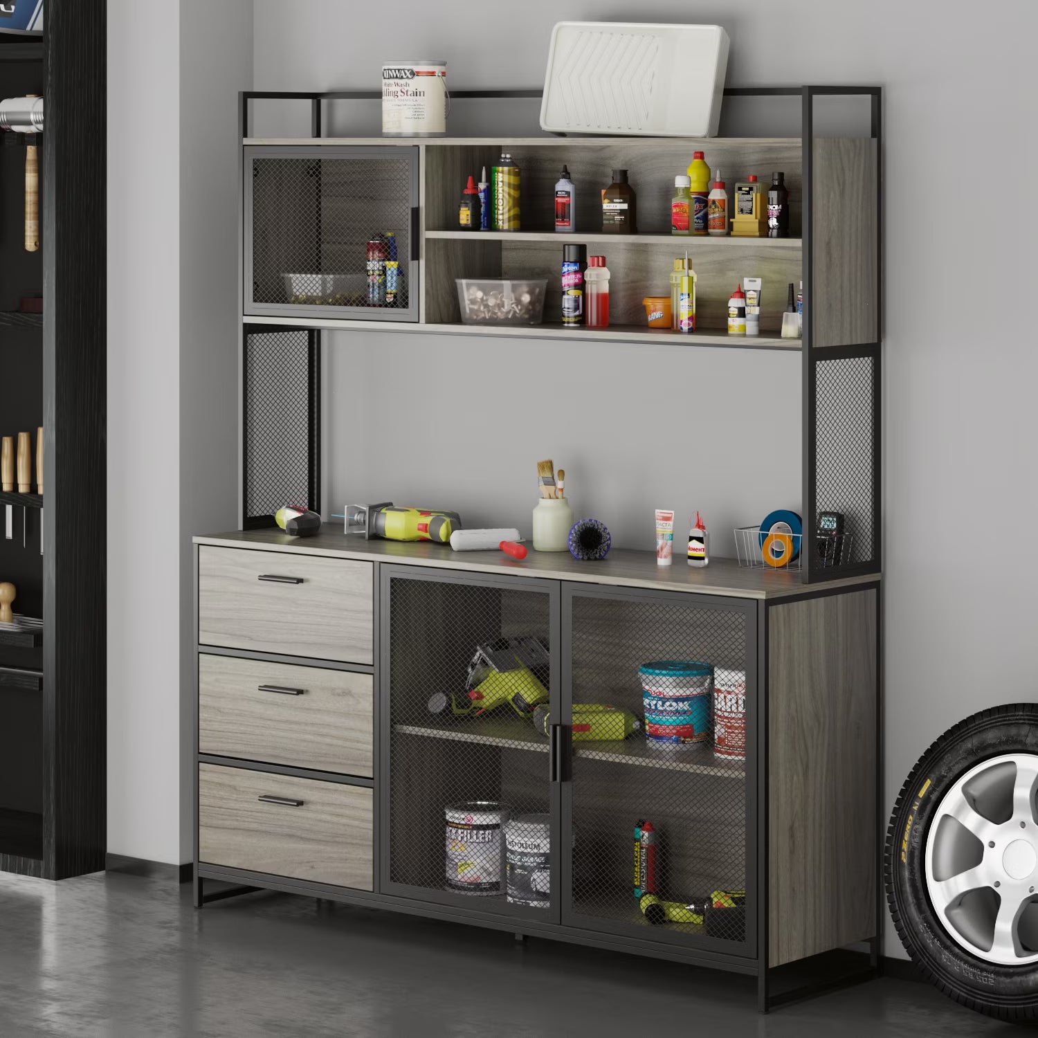 WIAWG Garage Cabinet with 3 Drawers and Metal Mesh Door, Industrial Mutifunctional Tool Storage Cabinet for Warehouse, Basement, Home Office (Walnut)