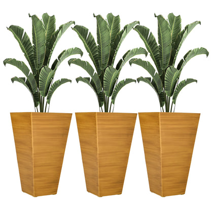 DUOSONG Outsunny 28" Tall Outdoor Planters, Set Of 3 Large Taper Planters With Drainage Holes And Plug, Faux Wood Plastic Flower Pots For Outdoor, Indoor, Garden, Patio, Tan Brown Polypropylene