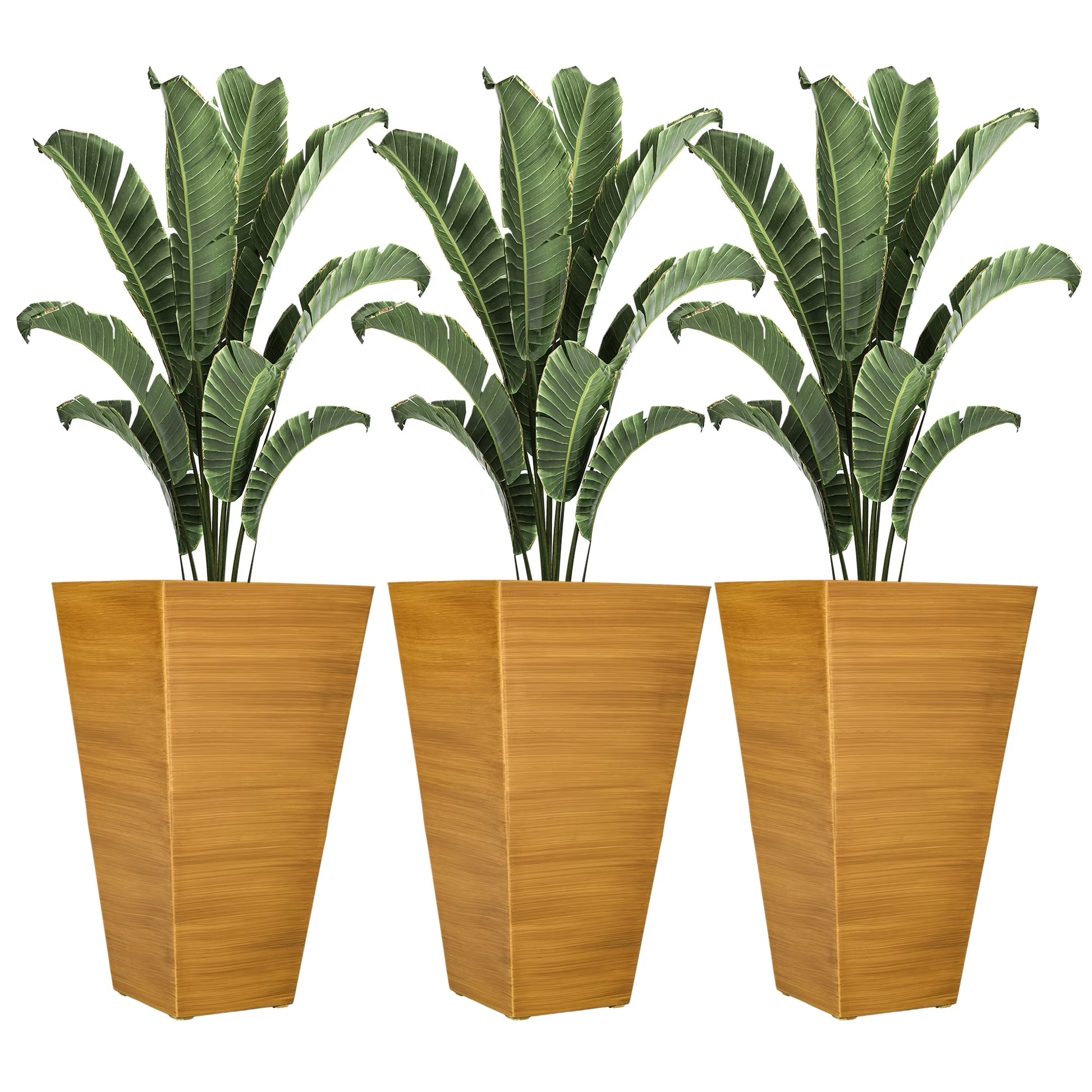 DUOSONG Outsunny 28" Tall Outdoor Planters, Set Of 3 Large Taper Planters With Drainage Holes And Plug, Faux Wood Plastic Flower Pots For Outdoor, Indoor, Garden, Patio, Tan Brown Polypropylene