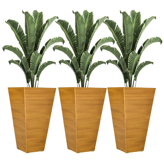 DUOSONG Outsunny 28" Tall Outdoor Planters, Set Of 3 Large Taper Planters With Drainage Holes And Plug, Faux Wood Plastic Flower Pots For Outdoor, Indoor, Garden, Patio, Tan Brown Polypropylene