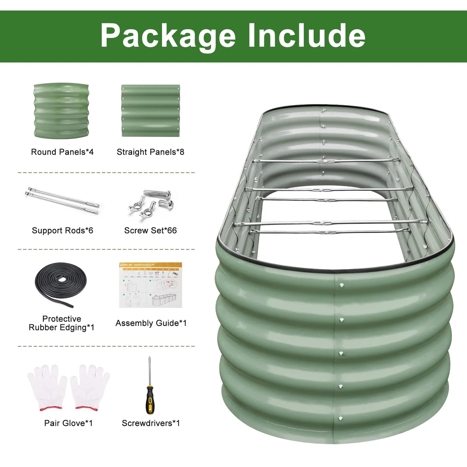 HOOFUN 17" Tall Metal Raised Garden Bed, 9 in 1 Garden Raised 8ftX2ft Garden Bed Kits for Vegetables Flowers, Oval Outdoor Planter Box w/6 Support Bars - Olive Green