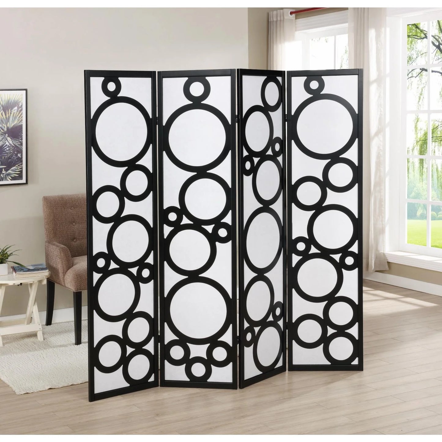 Roundhill Furniture Arvada 4-Panel Wood Room Divider w/Circle Pattern in Black