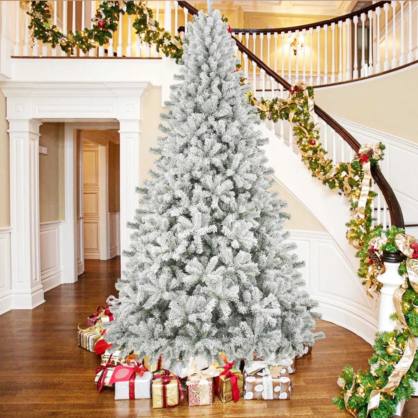 Qunler 9ft Snow Flocked Christmas Tree with 2028 Tips, Artificial Snowy Xmas Pine Tree with Reinforced Metal Base for Home Office Party Holiday Decorations ,White(NO Light)