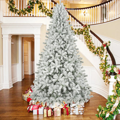 Qunler 9ft Snow Flocked Christmas Tree with 2028 Tips, Artificial Snowy Xmas Pine Tree with Reinforced Metal Base for Home Office Party Holiday Decorations ,White(NO Light)