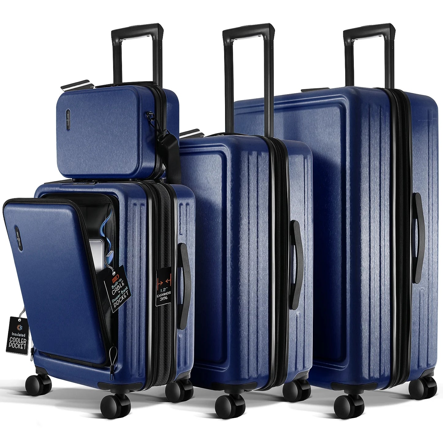 Virtu 4 Piece Hardshell Exapandable Luggage Set, Spinner Luggage Suitcase Set, Navy Blue