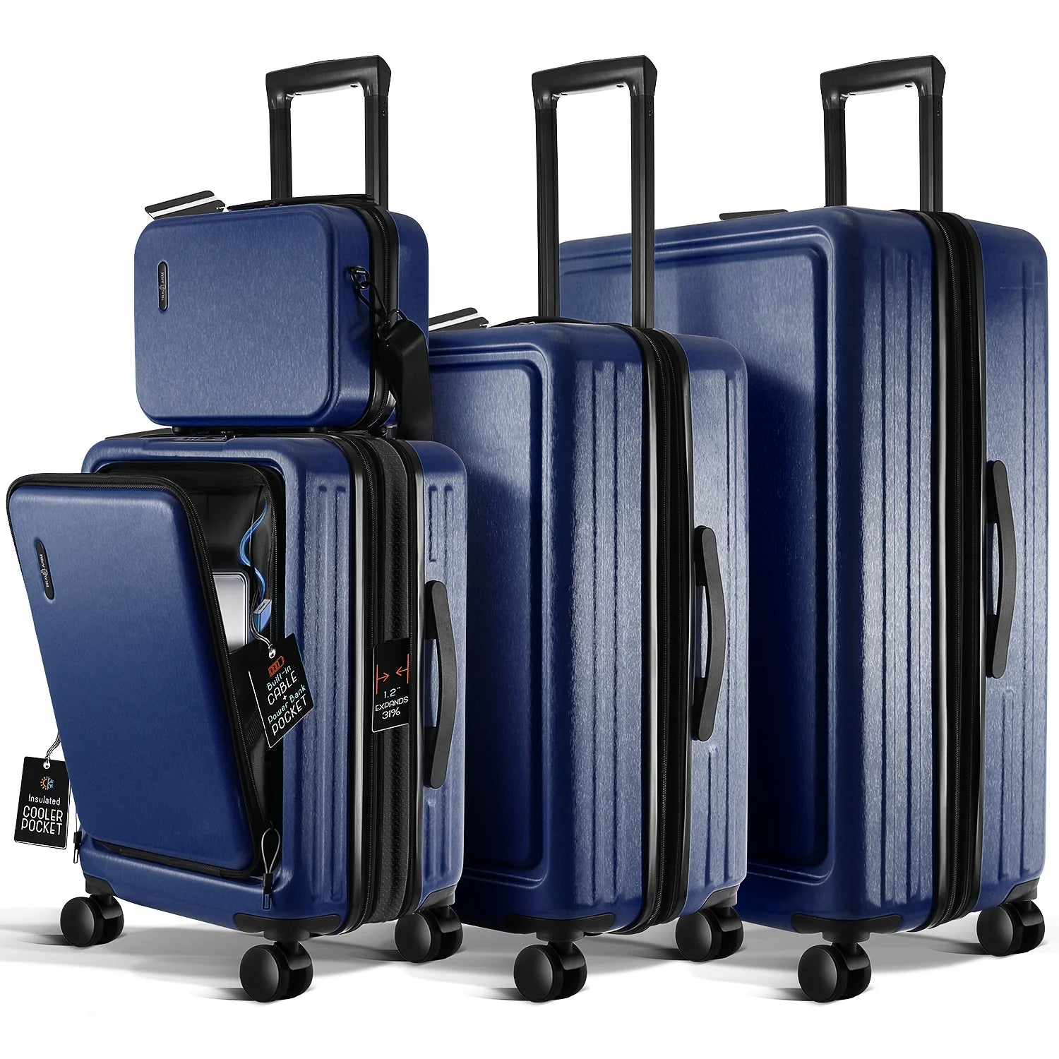 Virtu 4 Piece Hardshell Exapandable Luggage Set, Spinner Luggage Suitcase Set, Navy Blue