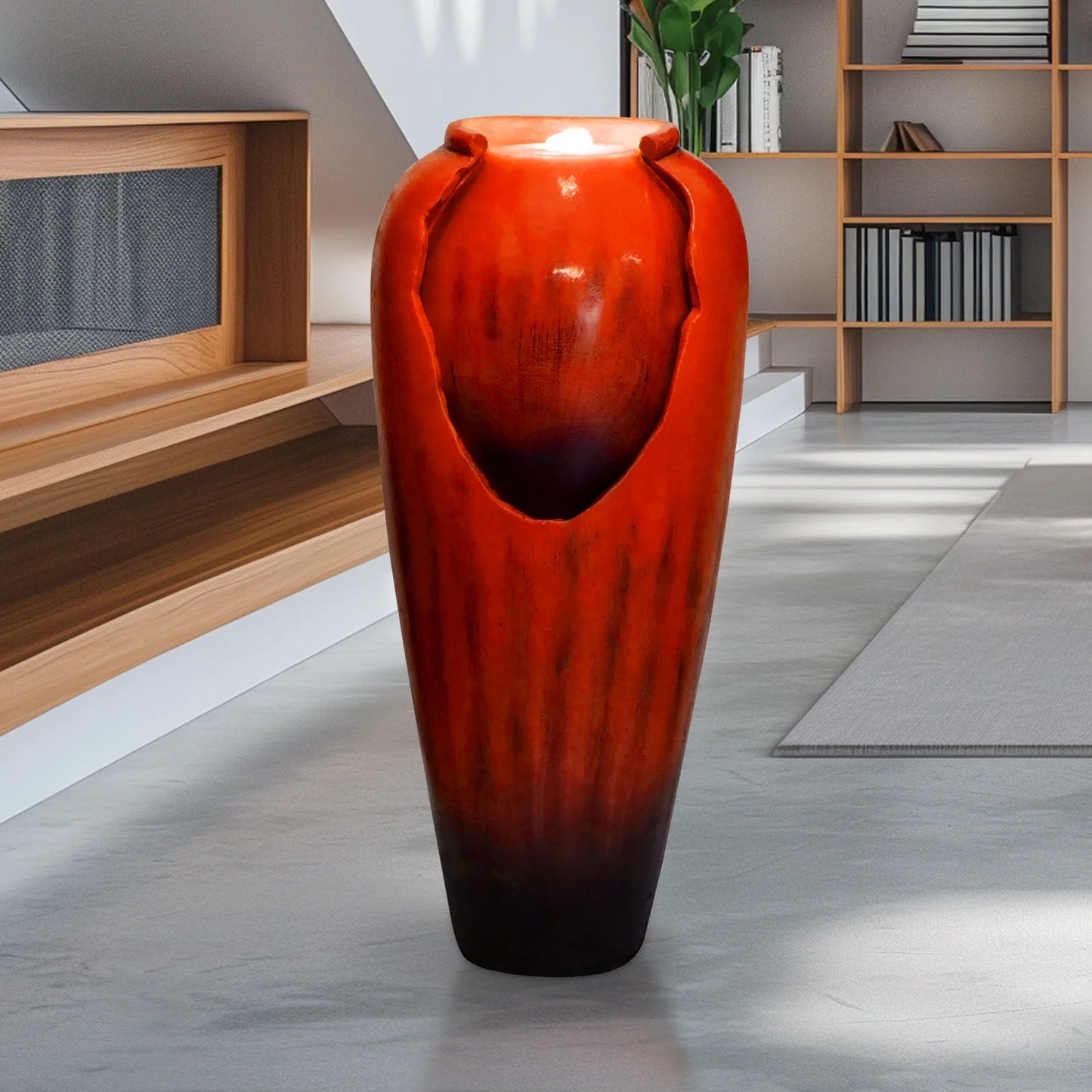 ourrco 30.7"H Concrete Vase Water Fountain, Modern Cascading Waterfall Feature with LED Lighting and Pump, Perfect for Indoor or Outdoor Home and Garden Decor, Red
