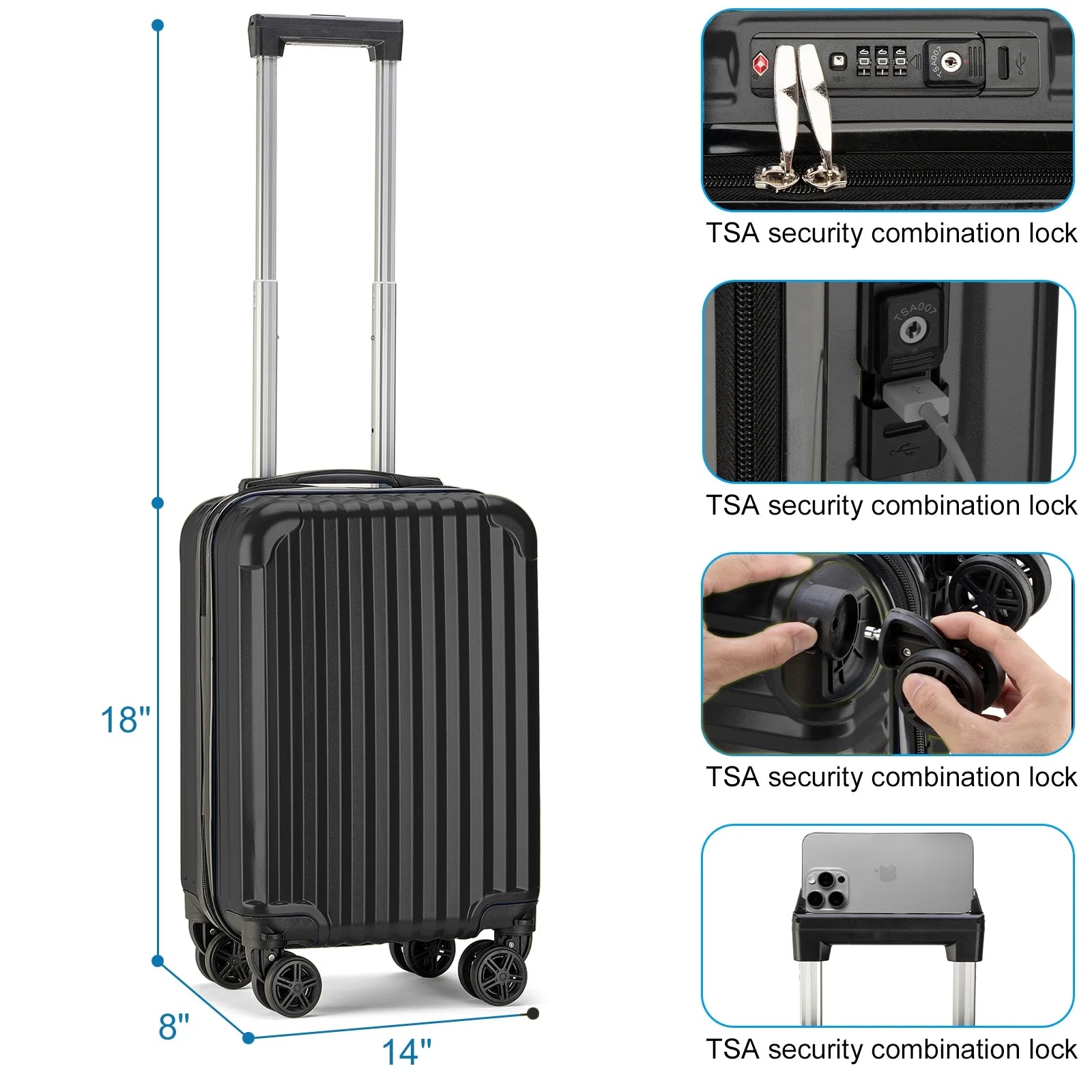 Personal Item Suitcase 18x14x8 Inches Hardside Built In TSA Lock & USB Port Lightweight Luggage With Removable Silent Wheels Underseat Carry-On Bag For Spirit and Frontier and More (Black)