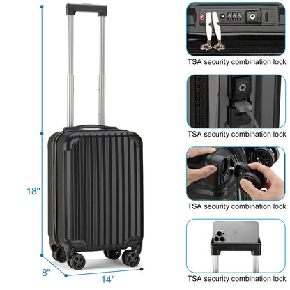Personal Item Suitcase 18x14x8 Inches Hardside Built In TSA Lock & USB Port Lightweight Luggage With Removable Silent Wheels Underseat Carry-On Bag For Spirit and Frontier and More (Black)