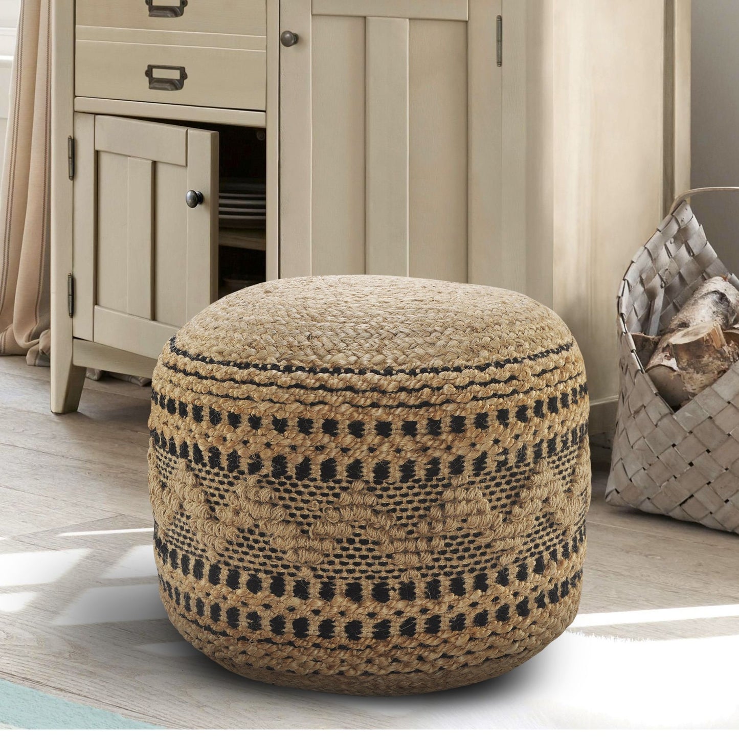Laddha Home Designs 18" Tan and Black Chevron Handcrafted Round Pouf Ottoman