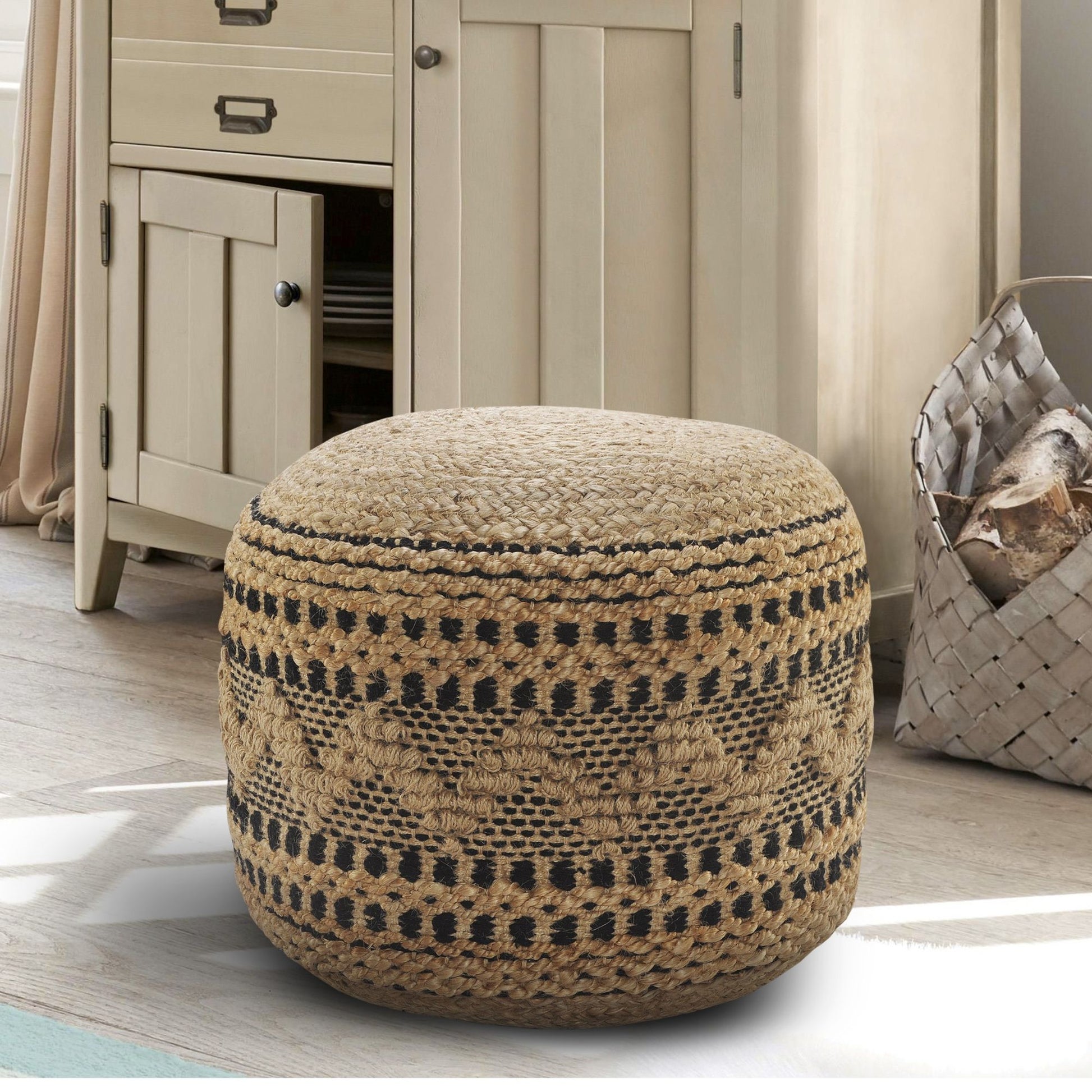 Laddha Home Designs 18" Tan and Black Chevron Handcrafted Round Pouf Ottoman