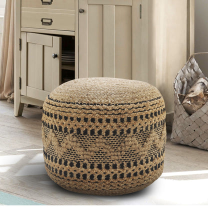 Laddha Home Designs 18" Tan and Black Chevron Handcrafted Round Pouf Ottoman