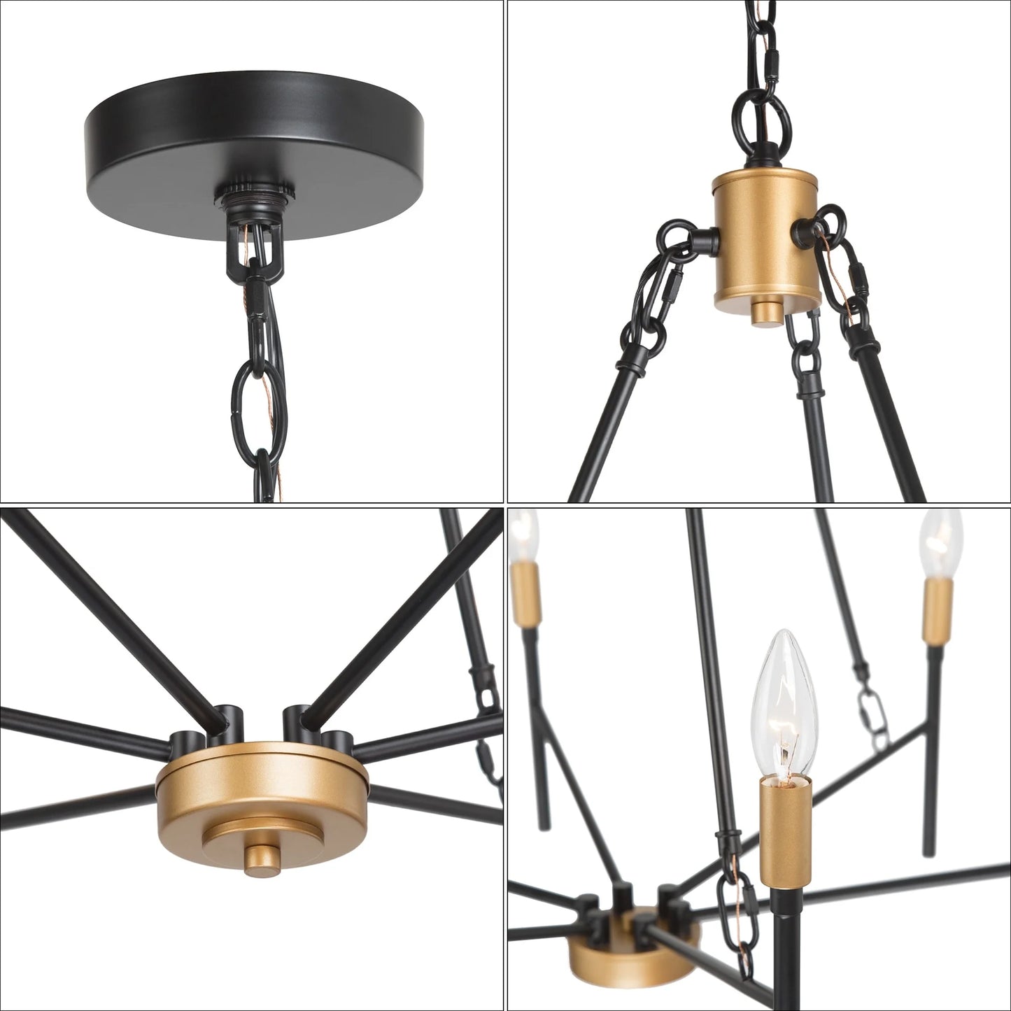 Alestair Modern Transitional Classic Candle Chandelier Black Gold Metal Farmhouse Pendant for Foyer Black& Brass D27" x H30" Adjustable,25 to 36 Inches